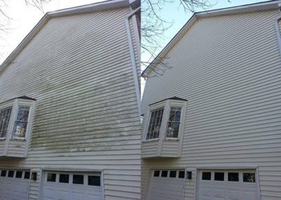 a before and after shot of a house with discoloring being removed