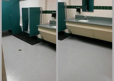 before and after shots of a public bathroom