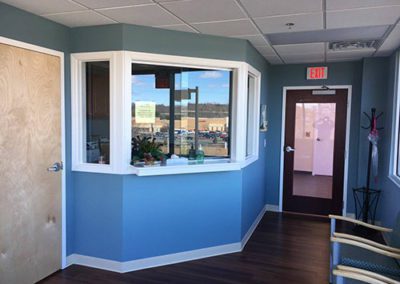 reception area painted blue