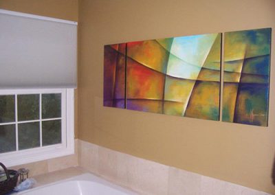 a bathroom with newly painted walls
